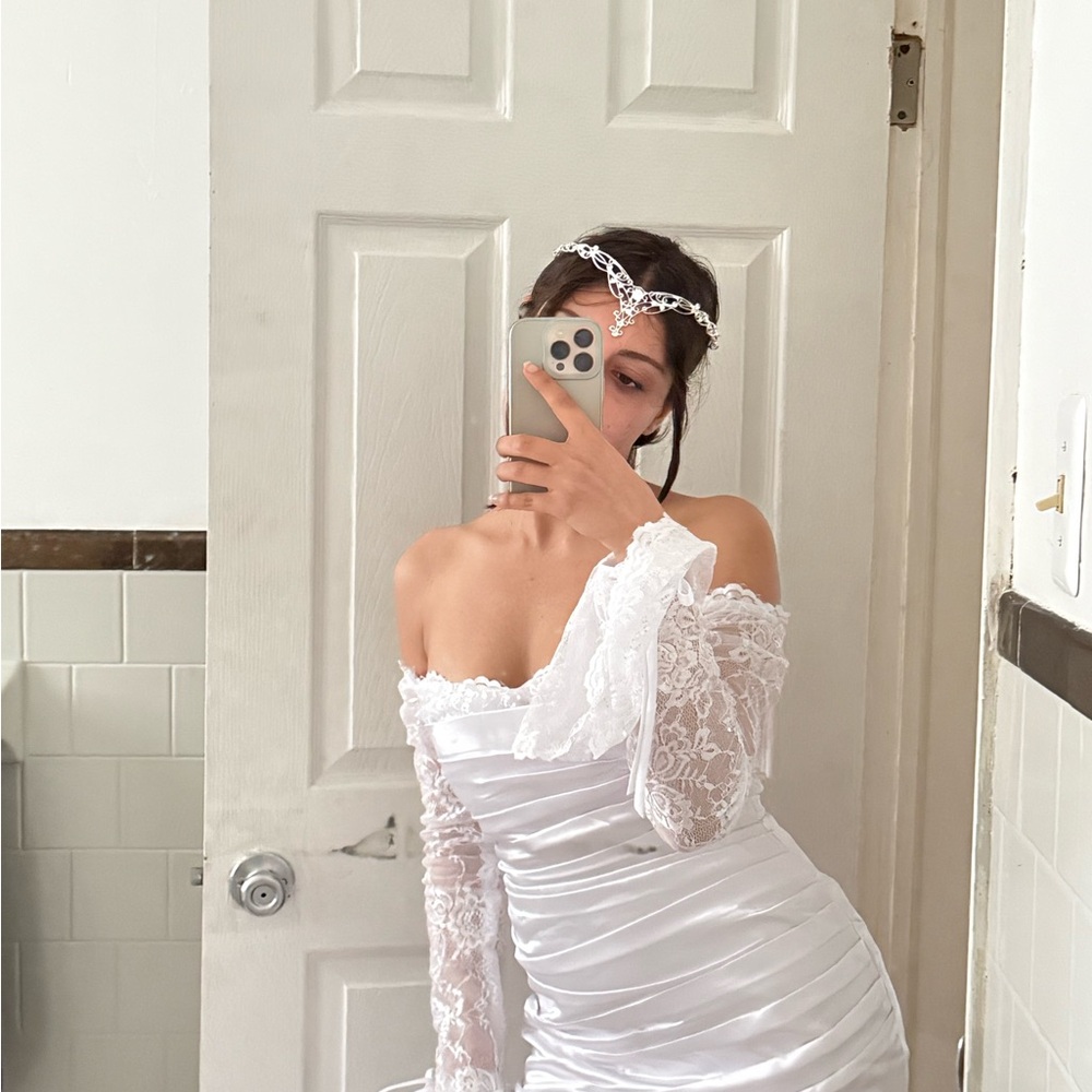 LG Strapless White Satin Bridal Gown with Lace Sleeves